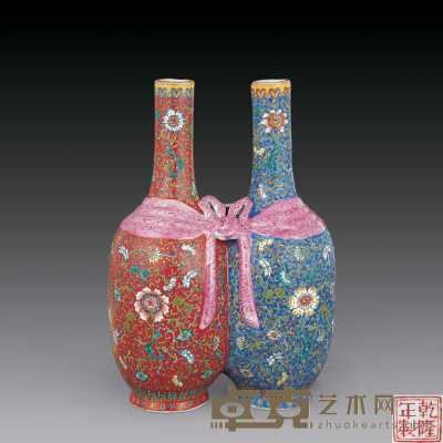 民国 粉彩花卉双联瓶 高29.5cm